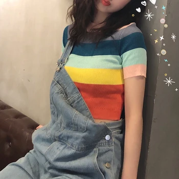 2020 Moda Tricou Femei Plus Dimensiune Maneca Scurta coreean Scurtă Sexy Lady Tricouri Streetwear Dungi de Bază Tricou Fete ' 90 353