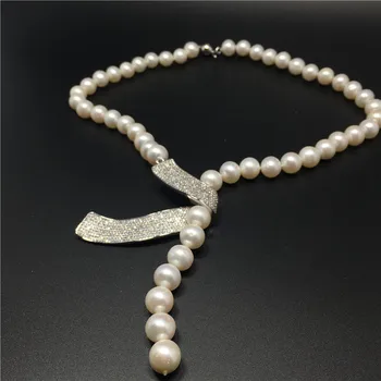 Design 9-10 mm alb natural de apă dulce pearl colier de moda lanț pulover DIY micro inlay zircon moda bijuterii accesorii
