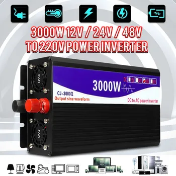Negru Invertor 3000W, Invertor Undă Sinusoidală Pură LED Display Digital 12V/24V La 220V 50 HZ Transformator, Invertor de Putere de Aprovizionare