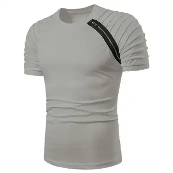 Moda pentru bărbați T-shirt o-gat manseta Falduri fermoar culoare Solidă design Casual de vara cu maneci Scurte T-shirt pentru bărbați