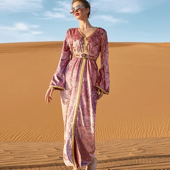 Elegant Femeile Musulmane Catifea Rochie Lunga Petrecere De Lux Rochie De Stras Arabă Islamic Abaya Jalabiya Orientul Mijlociu Caftan Marocan
