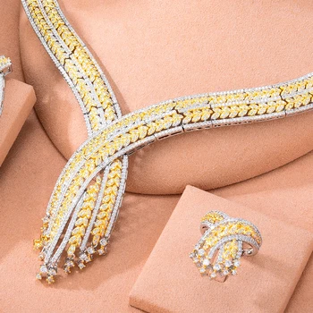 Blachette de Moda de Lux din Dubai Plin de Zircon Cubic Africane Colier Cercei Bratari Inel Femei Banchet Nunta Bijuterii Set