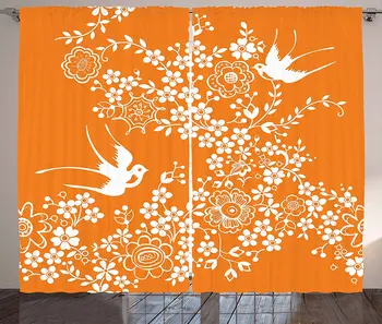 Portocaliu și Alb, Perdele Opace Florei și Faunei din Asia Stil Doodle Siluete de Păsări și Flori Fereastră Perdea