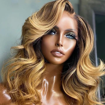 Ombre Blond Evidenția Corpul Val 13x4Lace Fața Peruca Cu Parul Copilului Brazilian Uman Remy de Păr Pentru Femei de culoare Preplucked de zi cu Zi