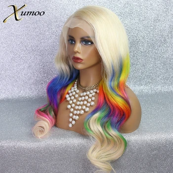XUMOO Ombre Blond Umane Peruca din Par Remy Brazilian Curcubeu Peruca Glueless Preplucked Peruci Fata Dantelă Pentru Cosplay Petrecere Negru pentru Femei