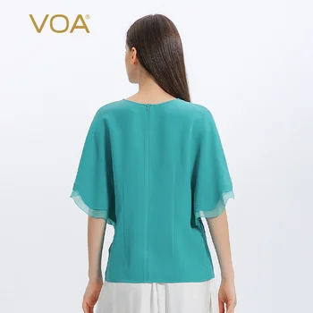 VOA Elegant Fluture Jumătate Mâneci Dantelă Solid Silk Femeie Tricouri Casual, O-Neck T-Shirt pentru femeie Îmbrăcăminte Topuri Largi de sex Feminin BE857