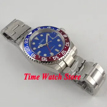 40mm Bliger GMT Automată Bărbați ceas cadran albastru luminos safir de sticlă de cotitură bezel data fereastră SS bracelet175