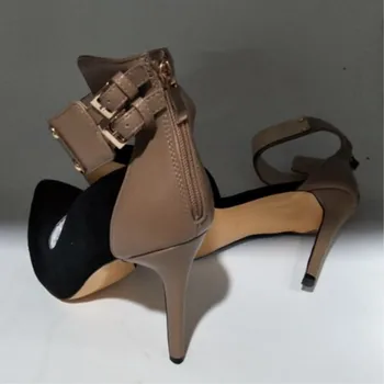 SHOFOO pantofi.Moda Sexy pantofi pentru femei, de culoare dublă împletit din piele, tesatura, 11 cm pantofi cu toc înalt, a subliniat toe pompe.