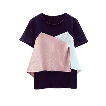 Neregulate Mozaic Femei T-shirt 2021 Vara Noi O-gât Scurt, cu mâneci lungi Pierde O-linie Doamnă Elegant Trage Topuri Tricouri