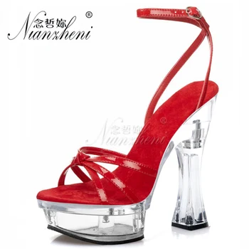 6 inch se potrivesc de Brevete din piele pentru Femei Sandale 14cm Super pantofi cu toc de Cristal Bobina toc Gros, platforma sandale Gol