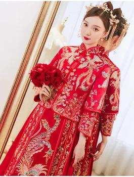 Femei Chineză Rochie de Mireasa Stil Red Phoenix Cheongsam Tradiționale Qipao Marimea S-4XL